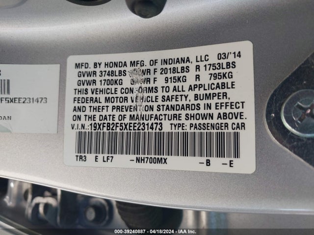 Honda Civic Lx 2014 19XFB2F5XEE231473 Image 9