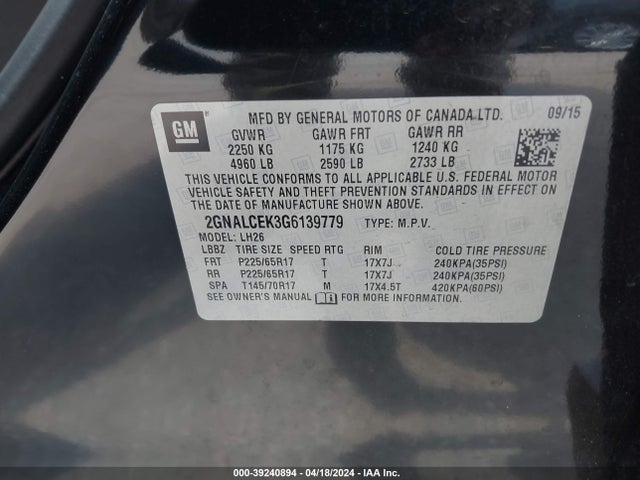 Chevrolet EQUINOX LT 2016 2GNALCEK3G6139779 Image 9