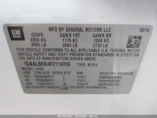 Chevrolet EQUINOX 1LT 2015 1GNALBEK4FZ114709 Image 9