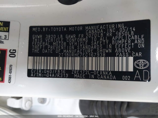 Toyota COROLLA LE 2014 2T1BURHE7EC167938 Image 9