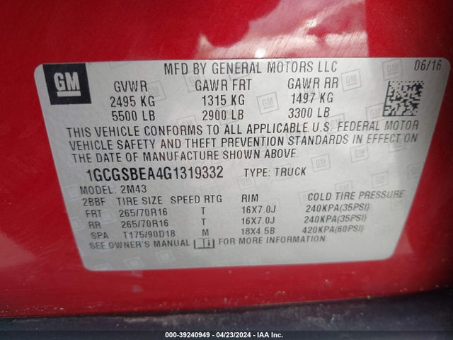 Chevrolet Colorado Wt 2016 1GCGSBEA4G1319332 Image 9