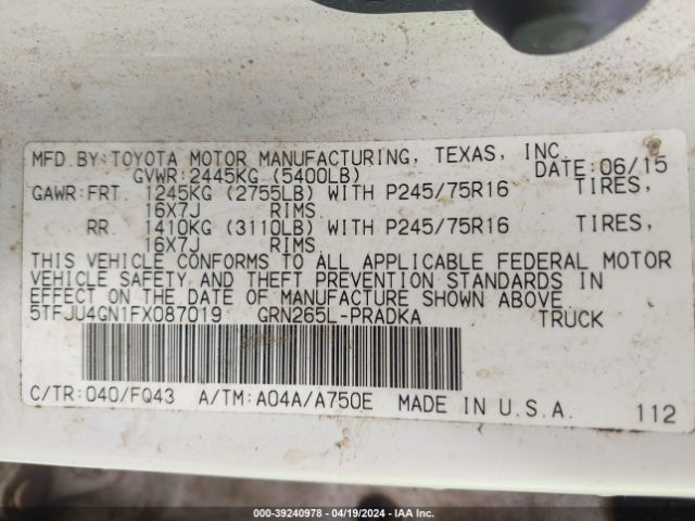 5TFJU4GN1FX087019 Toyota Tacoma Prerunner V6