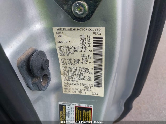 Nissan Frontier Sv 2019 1N6AD0CWXKN736911 Image 9