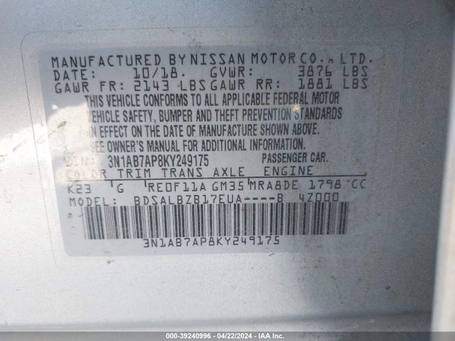 Nissan SENTRA S 2019 3N1AB7AP8KY249175 Image 9