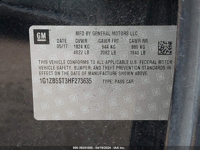 Chevrolet MALIBU LS 2017 1G1ZB5ST3HF273635 Image 9