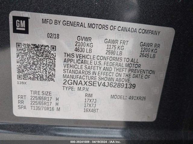 Chevrolet EQUINOX LT 2018 2GNAXSEV4J6289139 Image 9