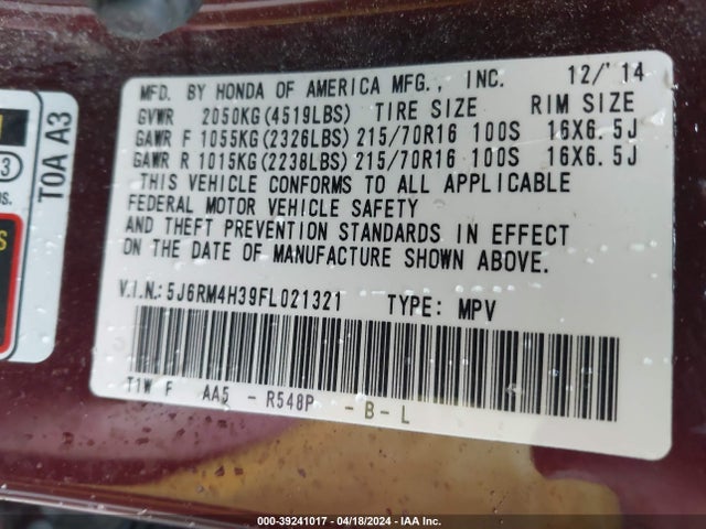 Honda CR-V LX 2015 5J6RM4H39FL021321 Image 9