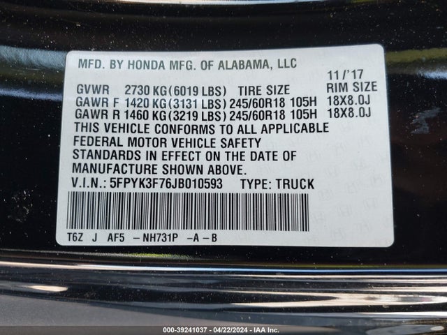 Honda Ridgeline Rtl-e 2018 5FPYK3F76JB010593 Image 9