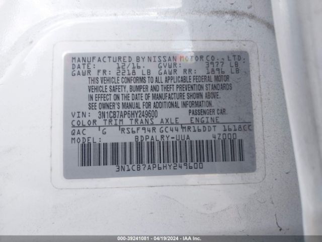 3N1CB7AP6HY249600 Nissan Sentra Sr Turbo