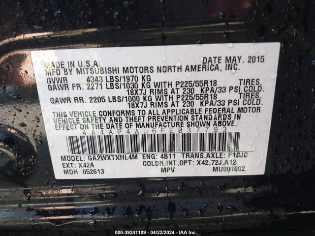4A4AP4AU6FE037793 Mitsubishi Outlander Sport Se