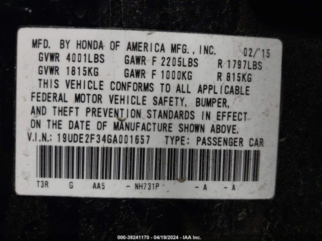 19UDE2F34GA001657 Acura Ilx 2.4l/acurawatch Plus Package