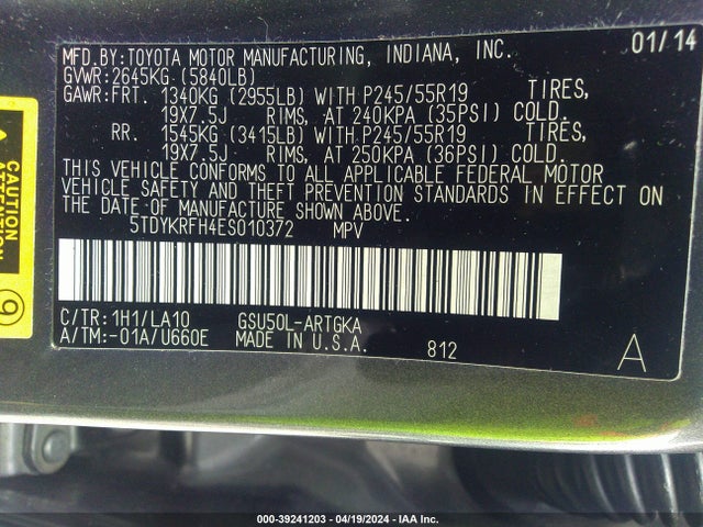5TDYKRFH4ES010372 Toyota Highlander Limited V6