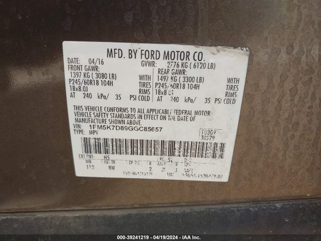 Ford EXPLORER XLT 2016 1FM5K7D89GGC85657 Image 9