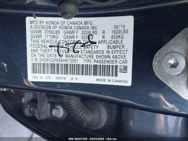 Honda Civic Lx 2019 2HGFC2F65KH573551 Image 9