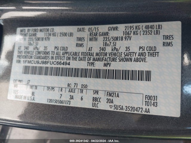 Ford Escape Titanium 2015 1FMCU9J98FUC66494 Image 9