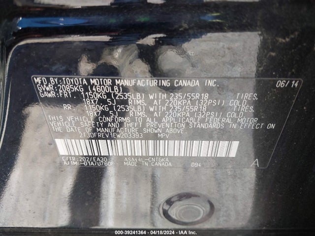 Toyota Rav4 Limited 2014 2T3DFREV1EW203393 Image 9