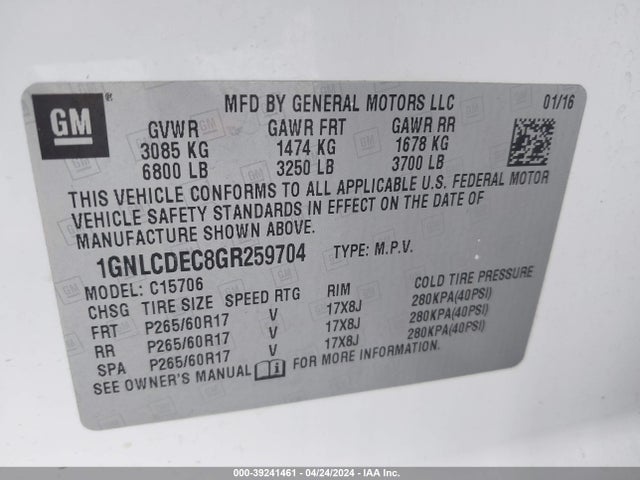 Chevrolet Tahoe Commercial Fleet 2016 1GNLCDEC8GR259704 Image 9