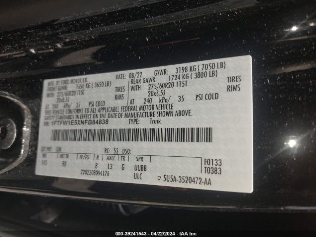 1FTFW1E5XNFB84838 Ford F-150 Platinum