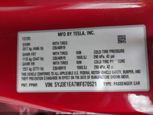 5YJ3E1EA7MF870521 Tesla Model 3 Standard Range Plus Rear-wheel Drive