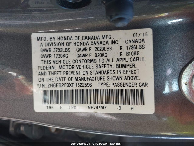 Honda Civic Ex-l 2015 2HGFB2F9XFH522596 Image 9
