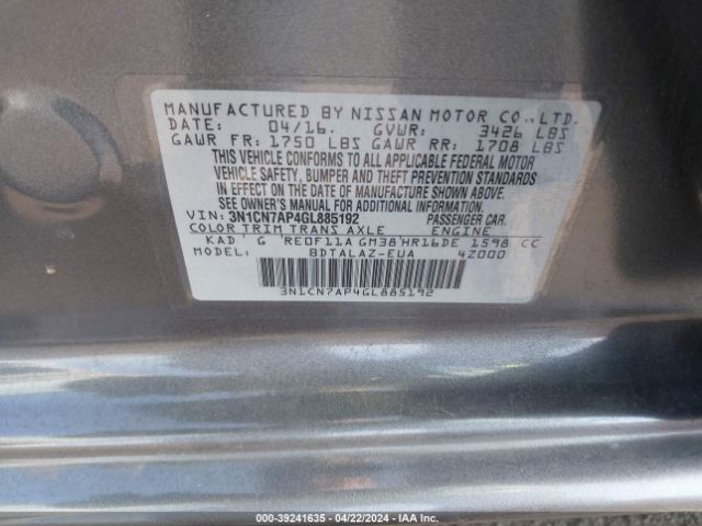 3N1CN7AP4GL885192 Nissan Versa 1.6 S+