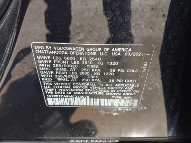 1V2PE2CA8MC223079 Volkswagen Atlas Cross Sport 3.6l V6 Se W/technology R-line