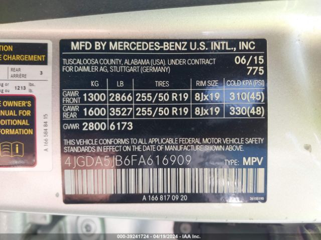 4JGDA5JB6FA616909 Mercedes-Benz ML 350