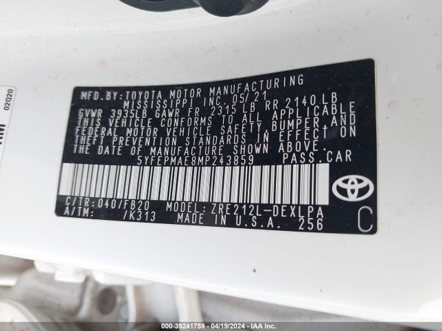 Toyota COROLLA LE 2021 5YFEPMAE8MP243859 Image 9