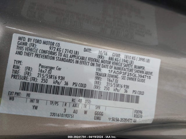 Ford FOCUS SE 2016 1FADP3F25GL394715 Image 9