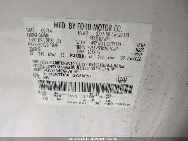 Ford EXPLORER XLT 2015 1FM5K7D80FGA86057 Image 9
