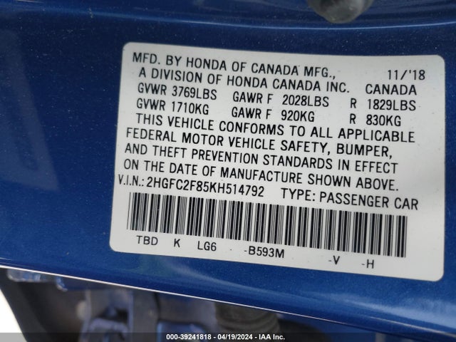 Honda Civic Sport 2019 2HGFC2F85KH514792 Image 9