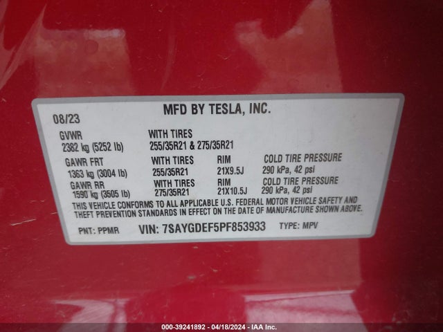 7SAYGDEF5PF853933 Tesla Model Y Awd/performance Dual Motor All-wheel Drive