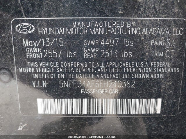 Hyundai Sonata Limited 2015 5NPE34AF6FH240382 Image 9