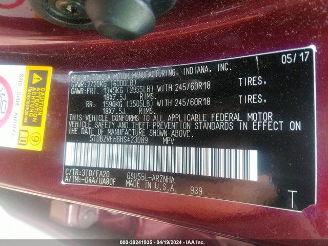 Toyota Highlander Le Plus 2017 5TDBZRFH6HS423089 Image 9
