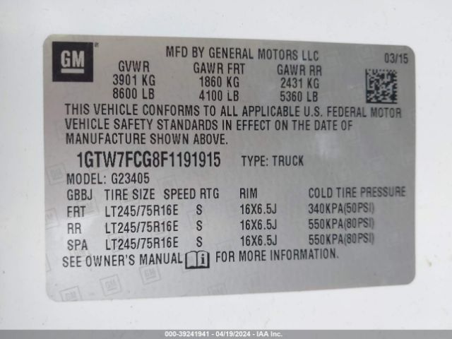 1GTW7FCG8F1191915 GMC Savana 2500 Work Van