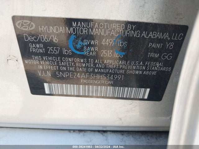 Hyundai Sonata 2017 5NPE24AF3HH534991 Image 9