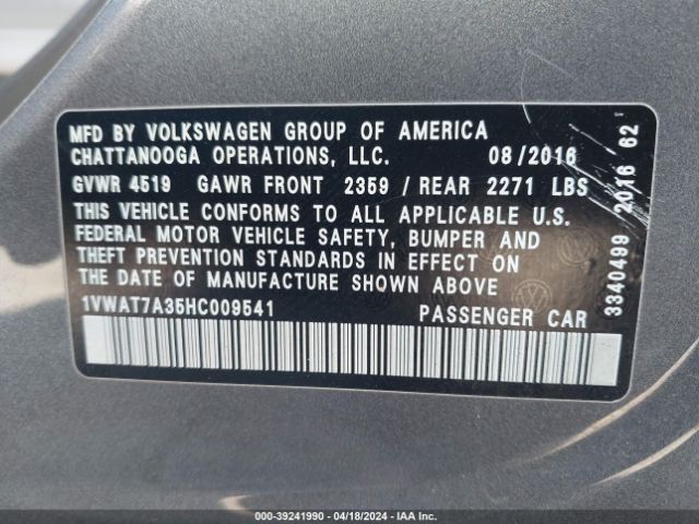 1VWAT7A35HC009541 Volkswagen Passat 1.8t S