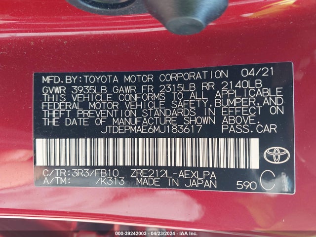 Toyota COROLLA LE 2021 JTDEPMAE6MJ183617 Image 9