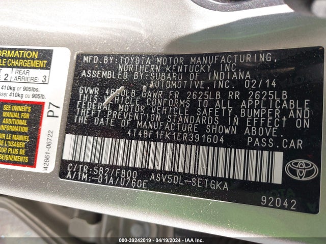 Toyota CAMRY XLE 2014 4T4BF1FK1ER391604 Image 9