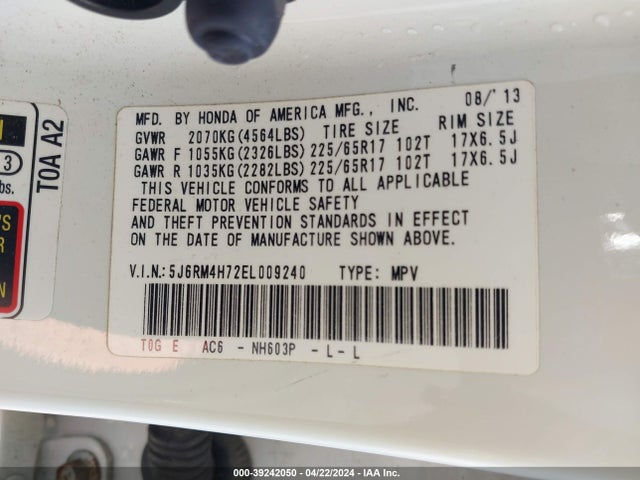 Honda Cr-v Ex-l 2014 5J6RM4H72EL009240 Image 9