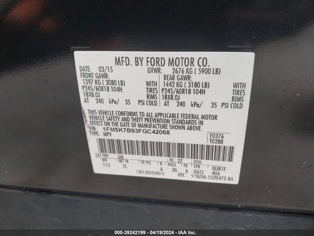 Ford Explorer 2015 1FM5K7B93FGC42068 Image 9