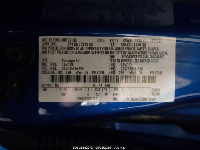 Ford FOCUS SE 2018 1FADP3F22JL243645 Image 9