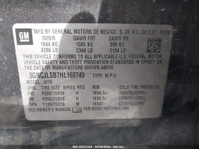 Chevrolet Trax Lt 2017 3GNCJLSB7HL168749 Image 9