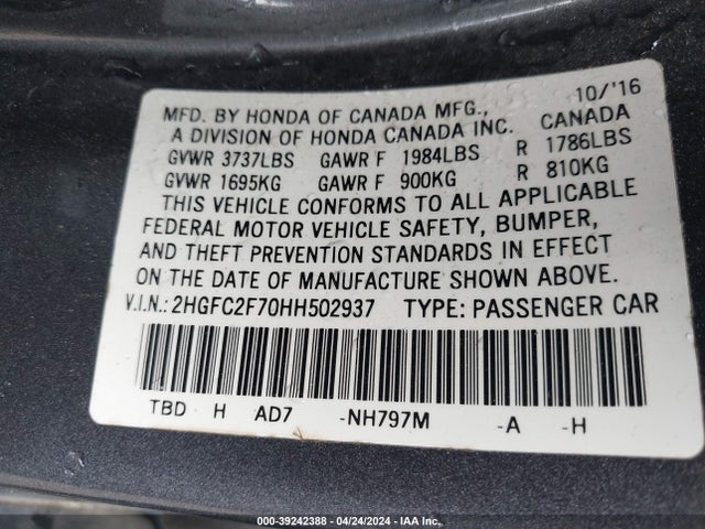 Honda CIVIC EX 2017 2HGFC2F70HH502937 Image 9