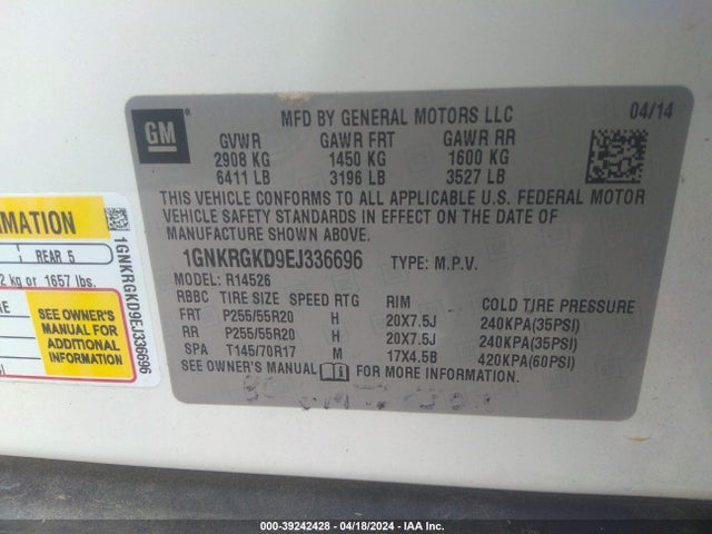 Chevrolet Traverse 1lt 2014 1GNKRGKD9EJ336696 Image 9