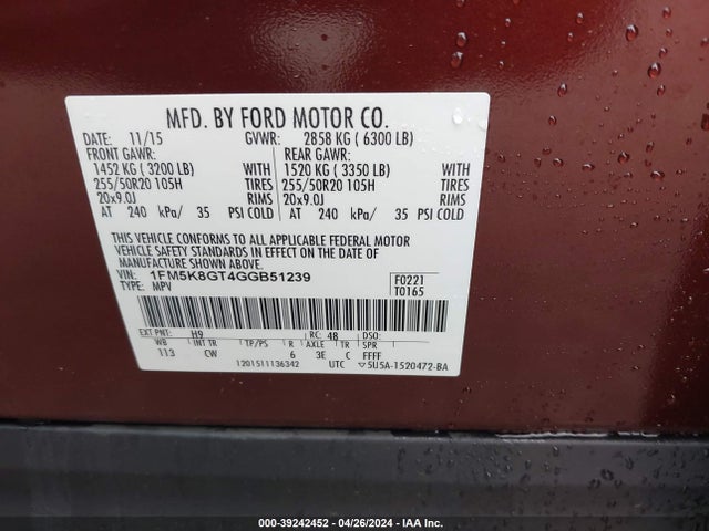 Ford EXPLORER SPORT 2016 1FM5K8GT4GGB51239 Image 9