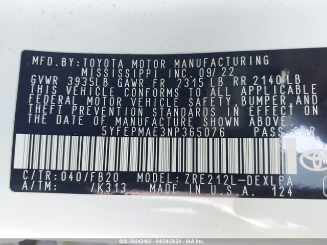 Toyota COROLLA LE 2022 5YFEPMAE3NP365076 Image 9