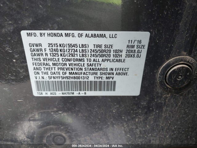 Honda Pilot Touring 2017 5FNYF5H92HB001312 Image 9