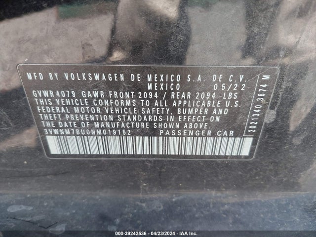 3VWNM7BU0NM019152 Volkswagen Jetta 1.5t S