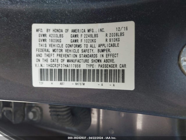 Honda ACCORD LX 2017 1HGCR2F37HA117856 Image 9